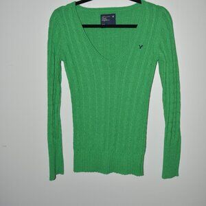 AMERICAN EAGLE Y2K Knitted Sweater V-Neck Soft Light Weight Med Cable Knit Green